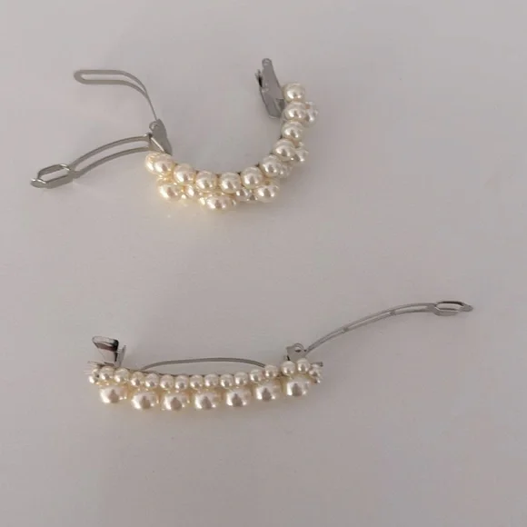Set of 2 Faux Pearl Barrettes, Half Moon Ponytail and Medium Metal Clip - Picture 3 of 3